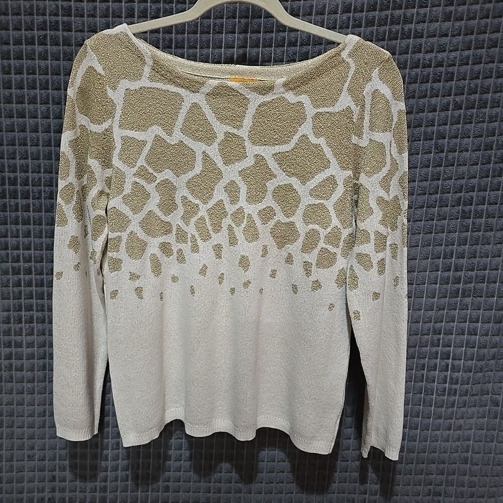 Gold Sparkle Thin Giraffe Sweater SzM Soft Boho Chic Cottage Animal Print Glam